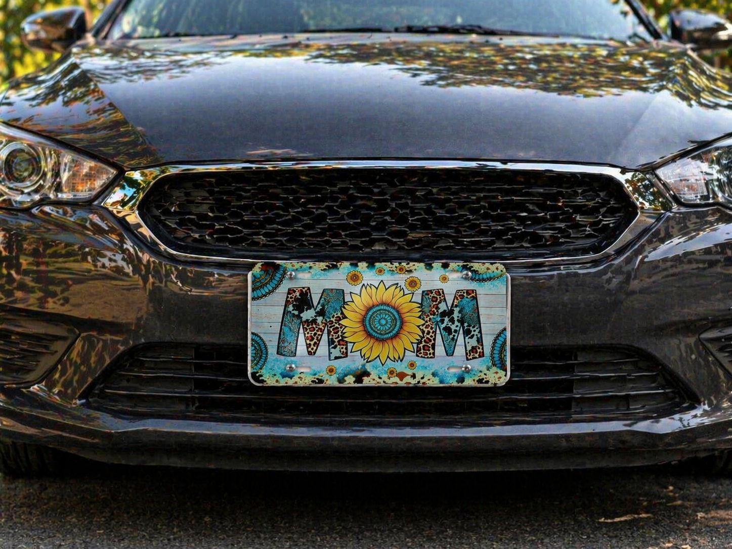 Sunflower MOM License Plate | Western Leopard Turquoise Car Tag | Boho Mama Car Decor | Cow Print Floral Auto Accessory Gift for Mom
