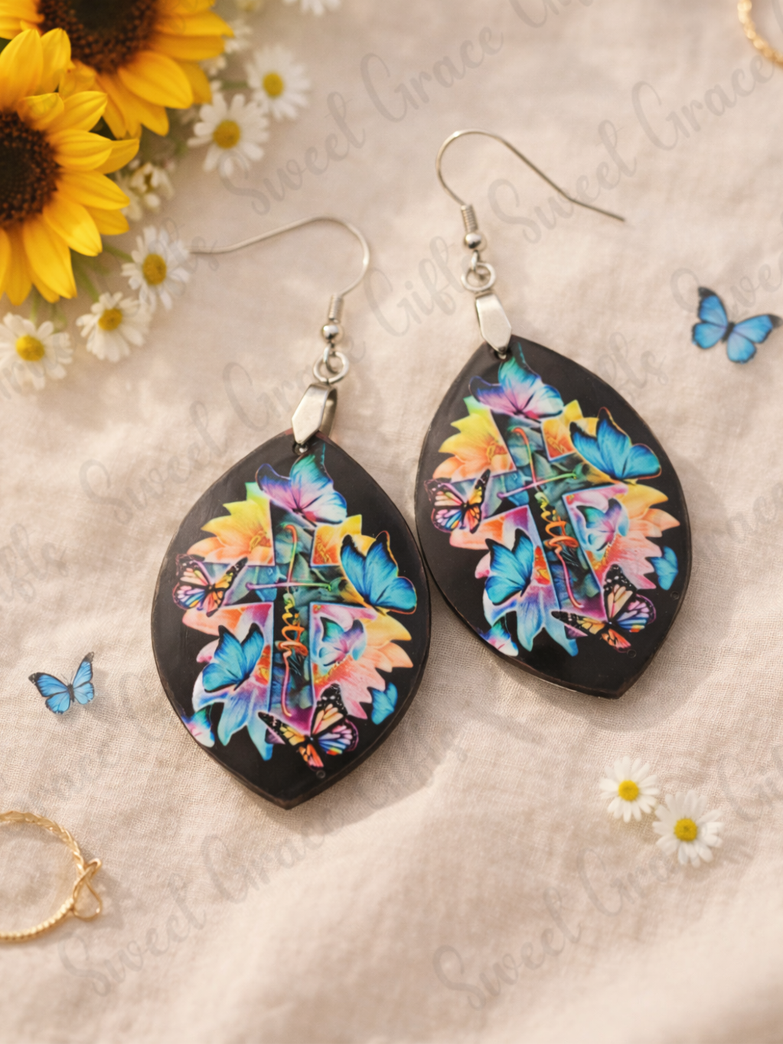 Butterfly Cross Earrings, Faith Earrings for Women, Christian Jewelry, Colorful Teardrop Earrings, Inspirational Gift, Lightweight Earrings