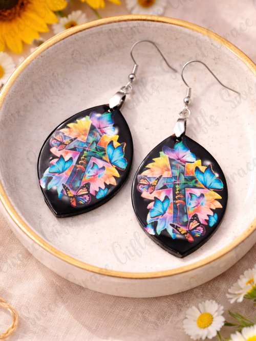 Butterfly Cross Earrings, Faith Earrings for Women, Christian Jewelry, Colorful Teardrop Earrings, Inspirational Gift, Lightweight Earrings