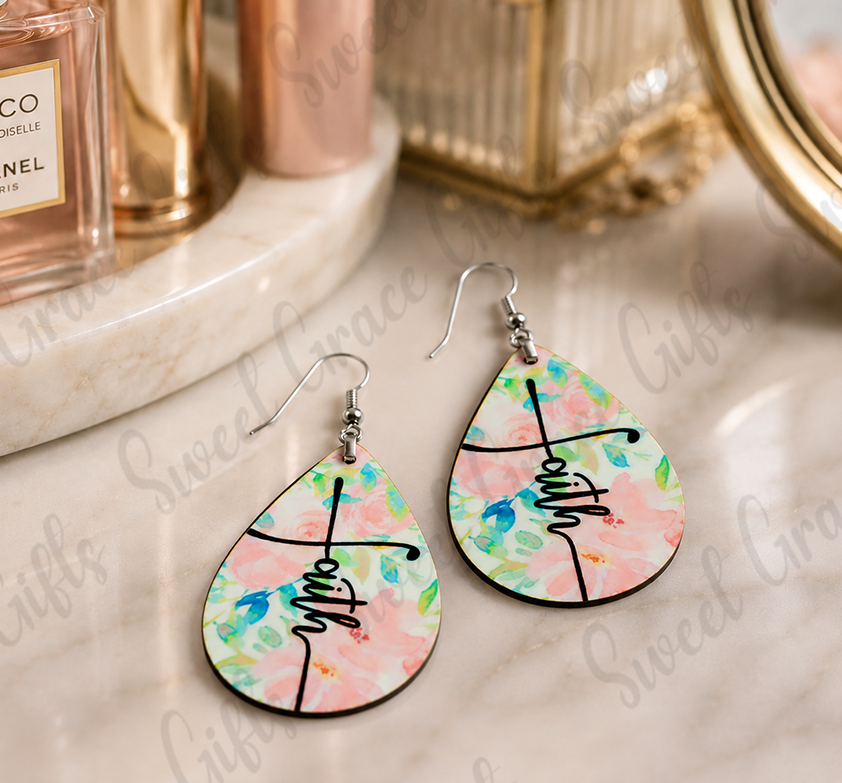 Floral Faith Cross Earrings | Christian Teardrop Dangle Earrings | Pink Watercolor Flower Faith Jewelry | Gift for Women