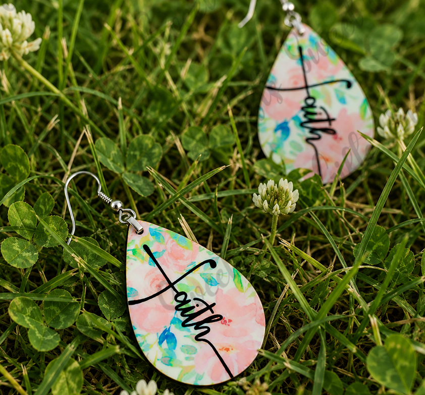 Floral Faith Cross Earrings | Christian Teardrop Dangle Earrings | Pink Watercolor Flower Faith Jewelry | Gift for Women