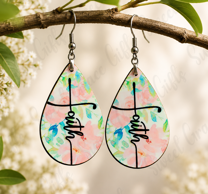 Floral Faith Cross Earrings | Christian Teardrop Dangle Earrings | Pink Watercolor Flower Faith Jewelry | Gift for Women