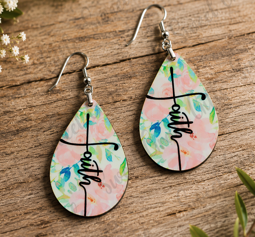 Floral Faith Cross Earrings | Christian Teardrop Dangle Earrings | Pink Watercolor Flower Faith Jewelry | Gift for Women