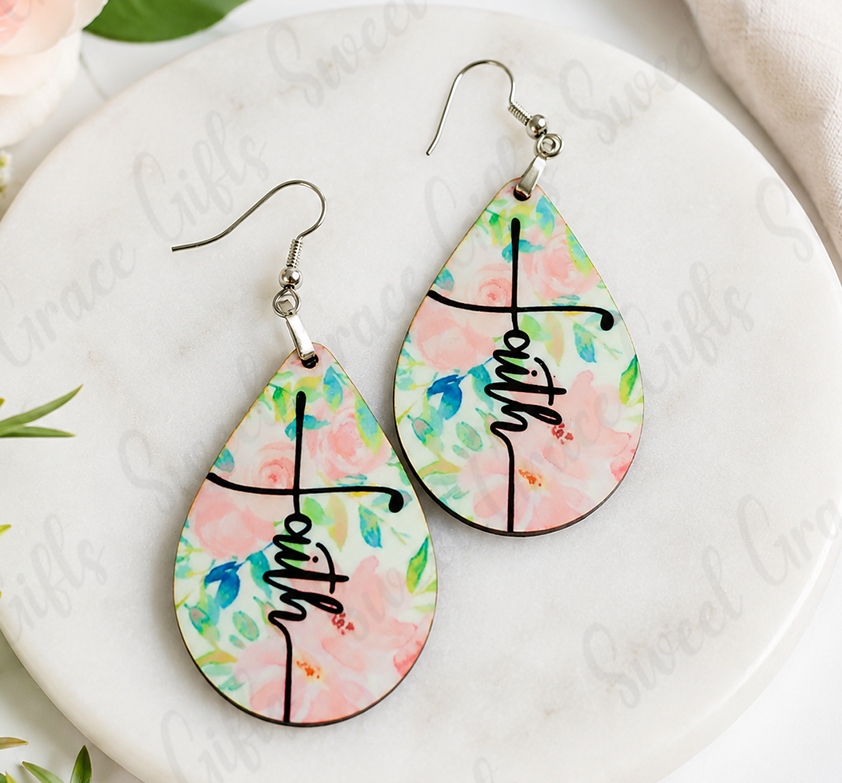 Floral Faith Cross Earrings | Christian Teardrop Dangle Earrings | Pink Watercolor Flower Faith Jewelry | Gift for Women