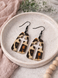 Leopard Print Cross Earrings, Christian Dangle Earrings, Lightweight Faux Leather Earrings, Faith Jewelry, Western Boho Earrings