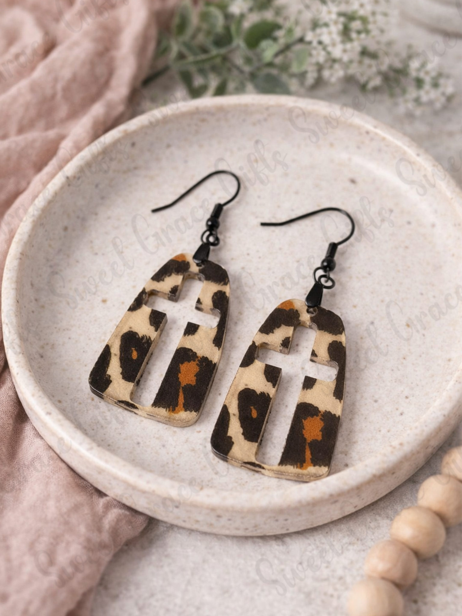 Leopard Print Cross Earrings, Christian Dangle Earrings, Lightweight Faux Leather Earrings, Faith Jewelry, Western Boho Earrings