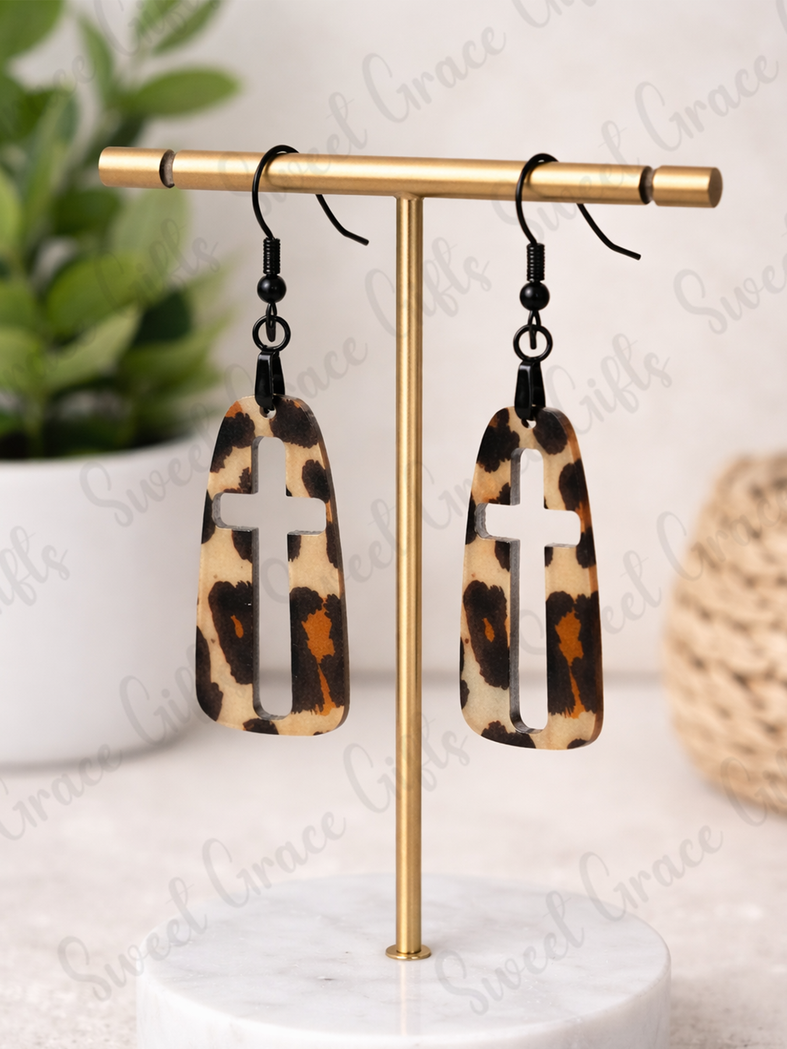 Leopard Print Cross Earrings, Christian Dangle Earrings, Lightweight Faux Leather Earrings, Faith Jewelry, Western Boho Earrings