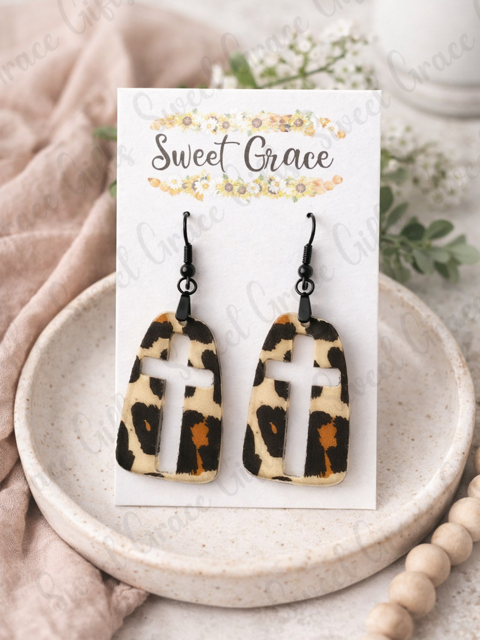 Leopard Print Cross Earrings, Christian Dangle Earrings, Lightweight Faux Leather Earrings, Faith Jewelry, Western Boho Earrings
