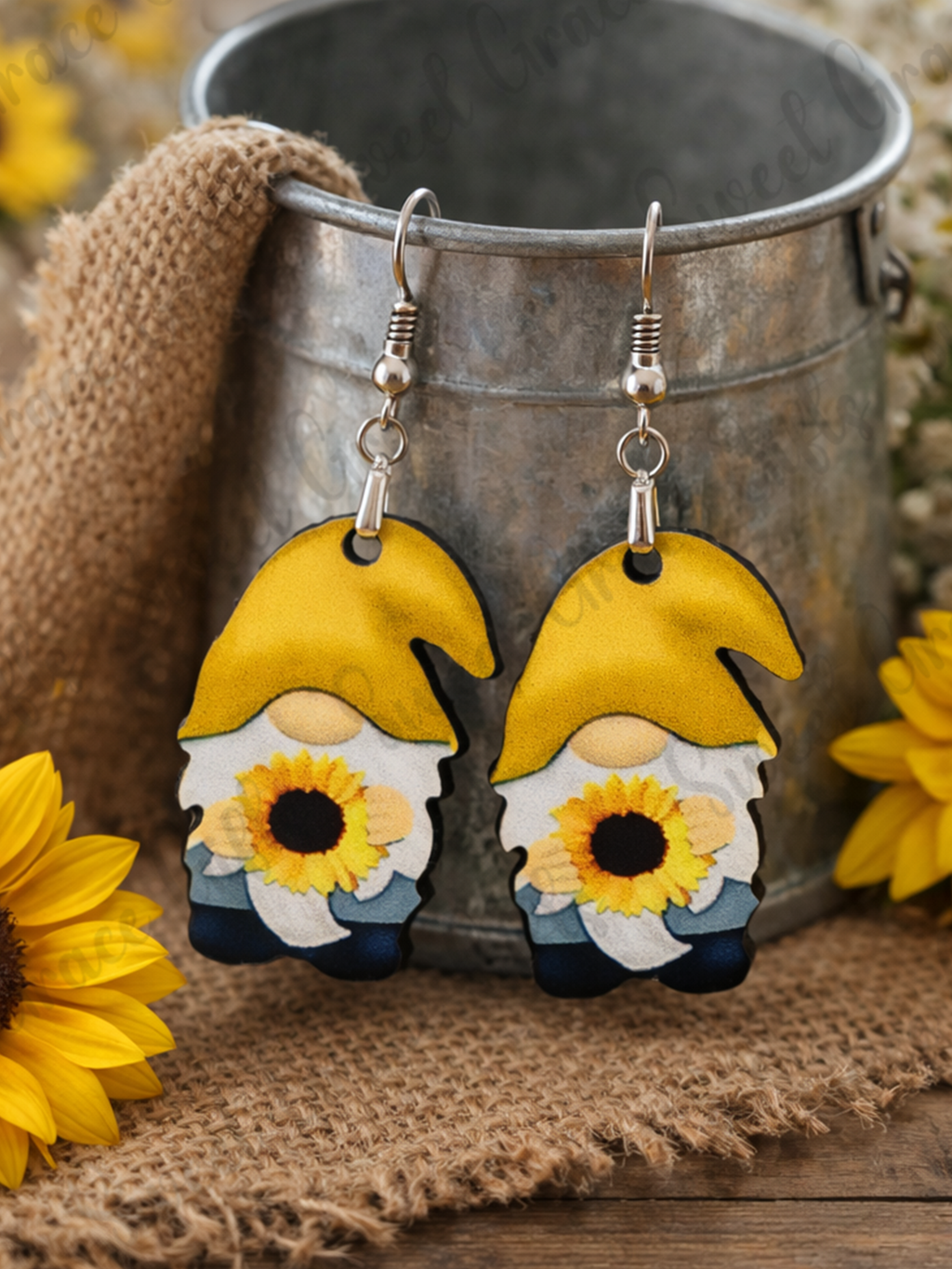 Sunflower Gnome Earrings, Acrylic MDF, Stainless Steel Hooks