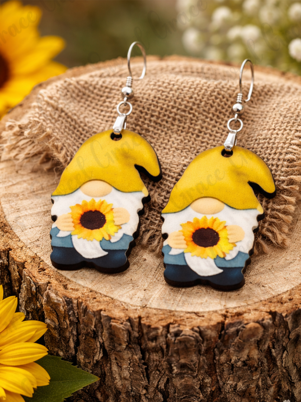 Sunflower Gnome Earrings, Acrylic MDF, Stainless Steel Hooks