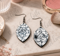 Black & White Floral Teardrop Earrings | Elegant Flower Dangle Earrings | Lightweight Botanical Jewelry | Gift for He