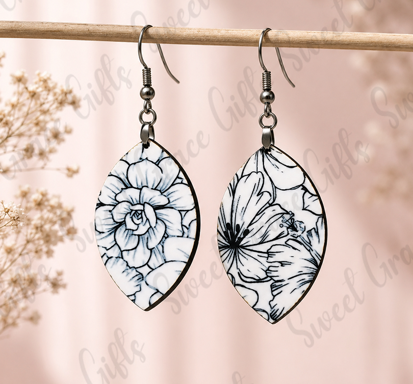 Black & White Floral Teardrop Earrings | Elegant Flower Dangle Earrings | Lightweight Botanical Jewelry | Gift for He