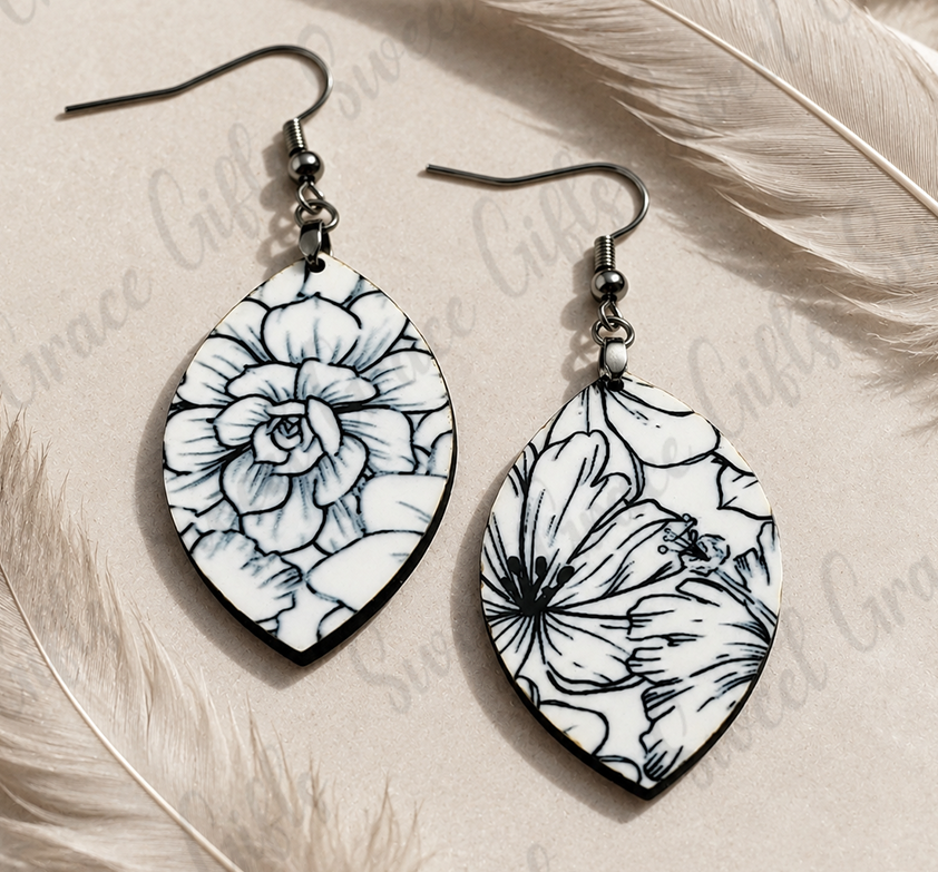 Black & White Floral Teardrop Earrings | Elegant Flower Dangle Earrings | Lightweight Botanical Jewelry | Gift for He