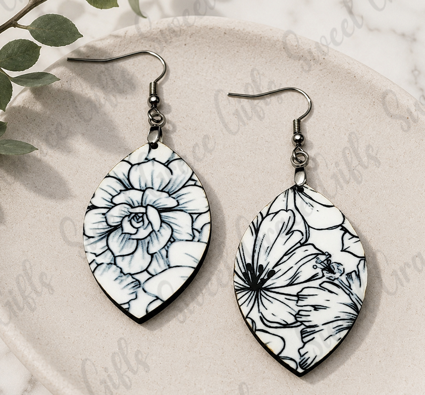 Black & White Floral Teardrop Earrings | Elegant Flower Dangle Earrings | Lightweight Botanical Jewelry | Gift for He