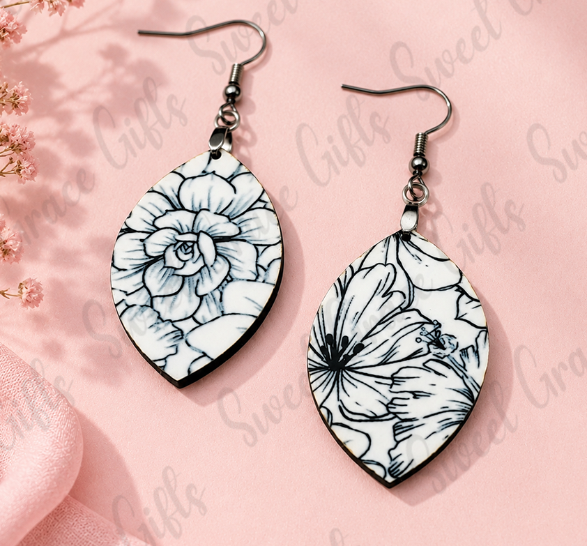 Black & White Floral Teardrop Earrings | Elegant Flower Dangle Earrings | Lightweight Botanical Jewelry | Gift for He